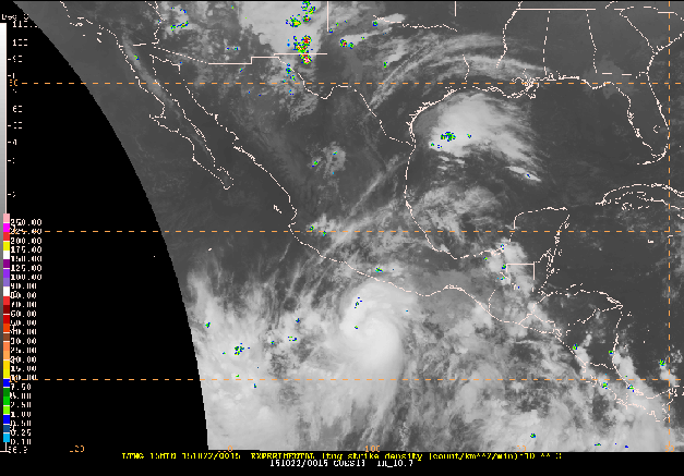 GOES-13 Infrared with the GLD-360 Lightning Density overlaid valid from 10/22/15 - 10/23/15.